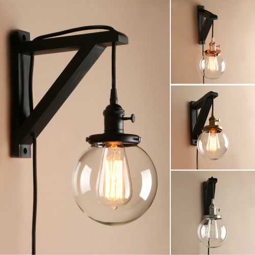 Retro Industrial Globe Glass LampShade Plug In Wooden Bracket Wall Light Sconce